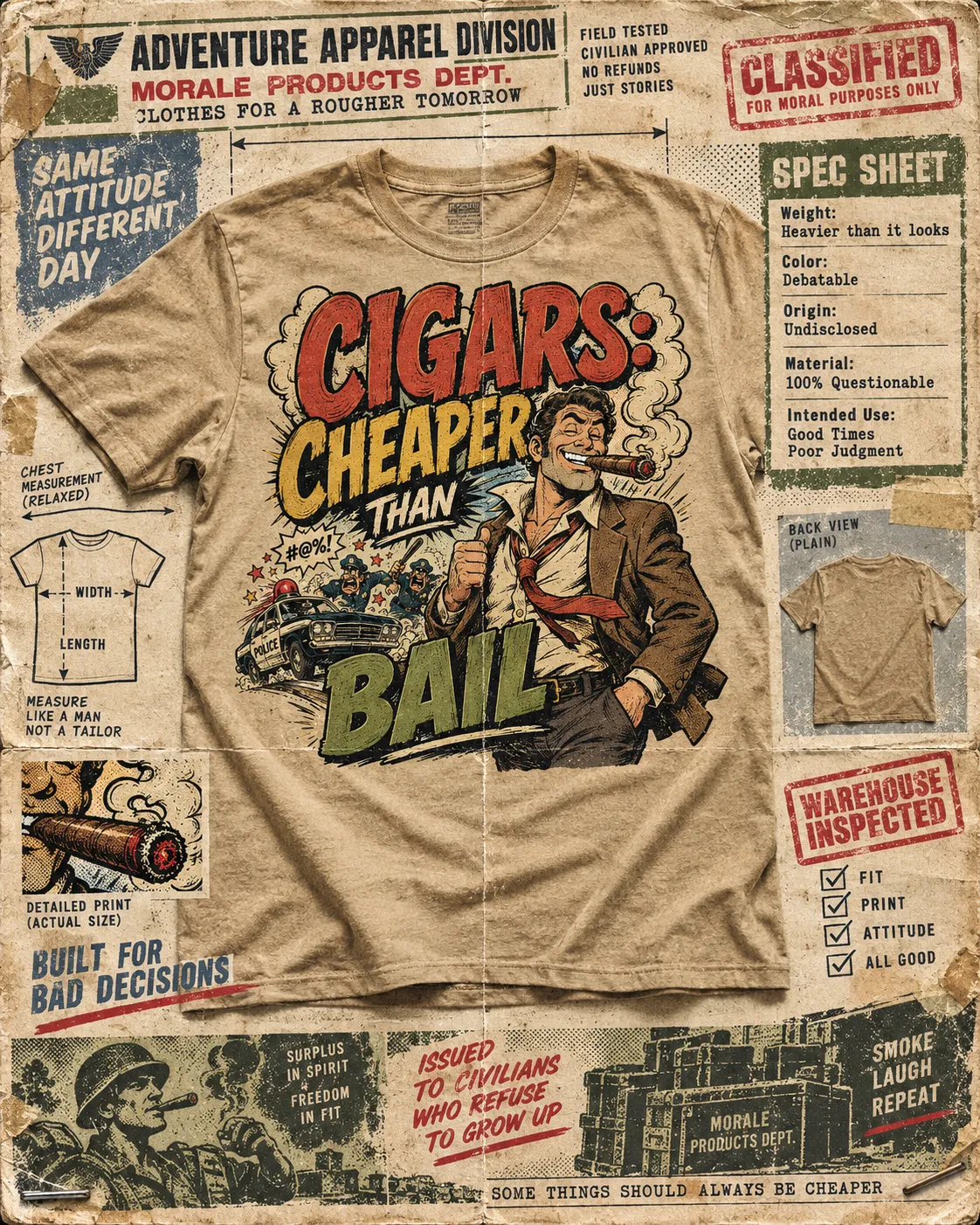 Tan t-shirt reading “Cigars: cheaper than bail” on a 1977 catalog page with a spec sheet and warehouse-inspected stamp